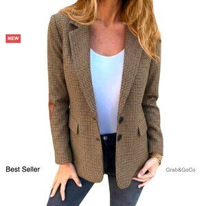 Tweed Blazer Houndstooth Plaid Slim Fit Professional Office Chic Vintage